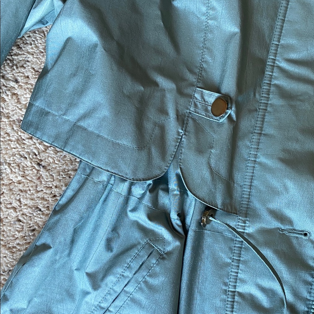 Vintage Fleet Street Teal Shimmer Trench Coat 80s Cinch Waist Jacket - Picture 6 of 8